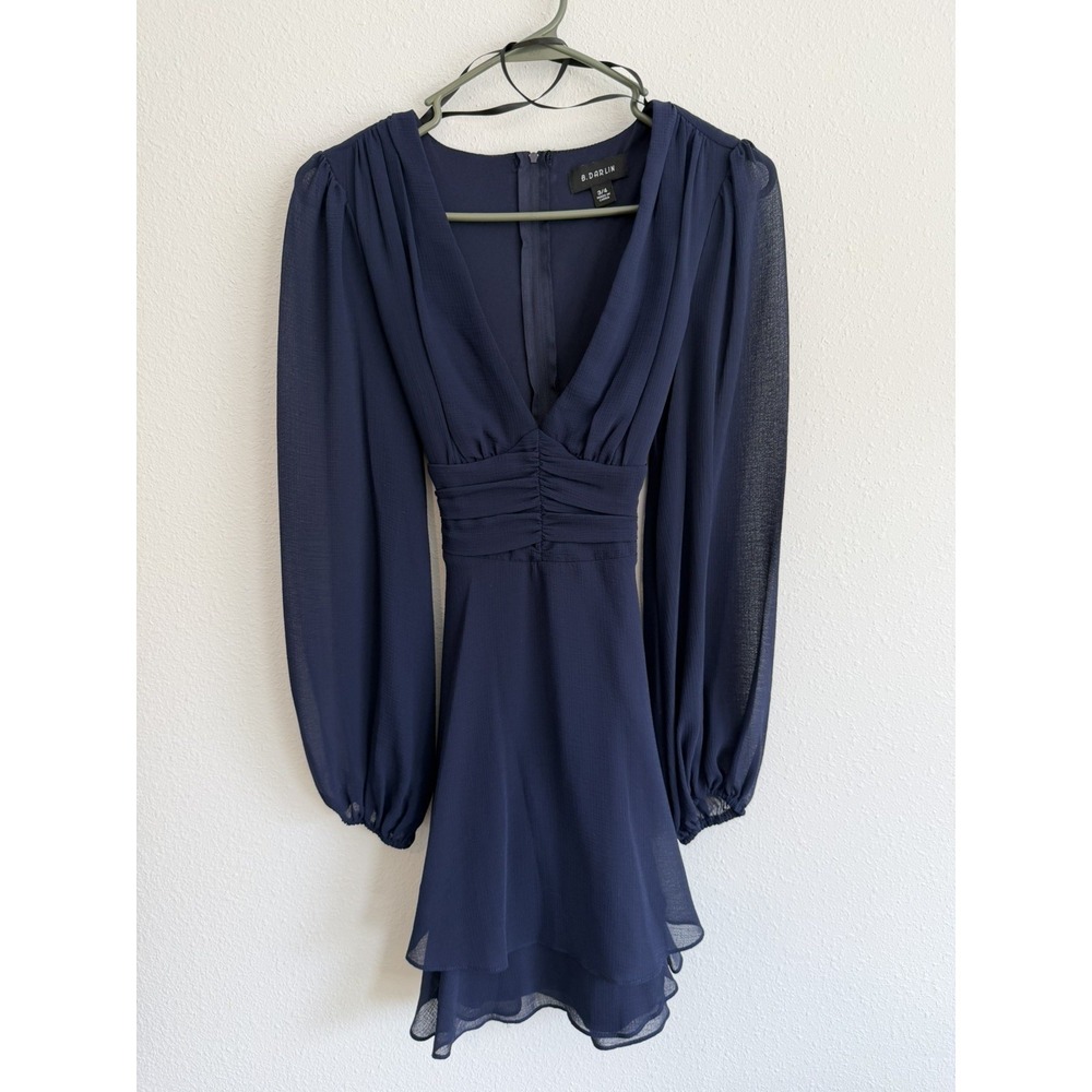 B. Darlin Blue Layered Balloon Sleeve V-Neck Mini Dress Womens Size 3/4